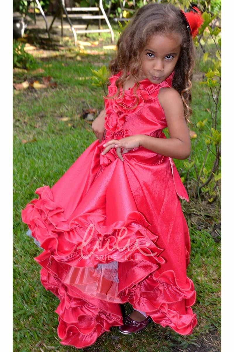 Ruffled Lace Flower Girl Dress with Tiered Skirt Tea-Length