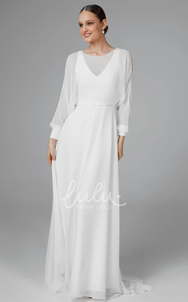 Sweep Train A-Line Wedding Dress Vintage Bateau Chiffon