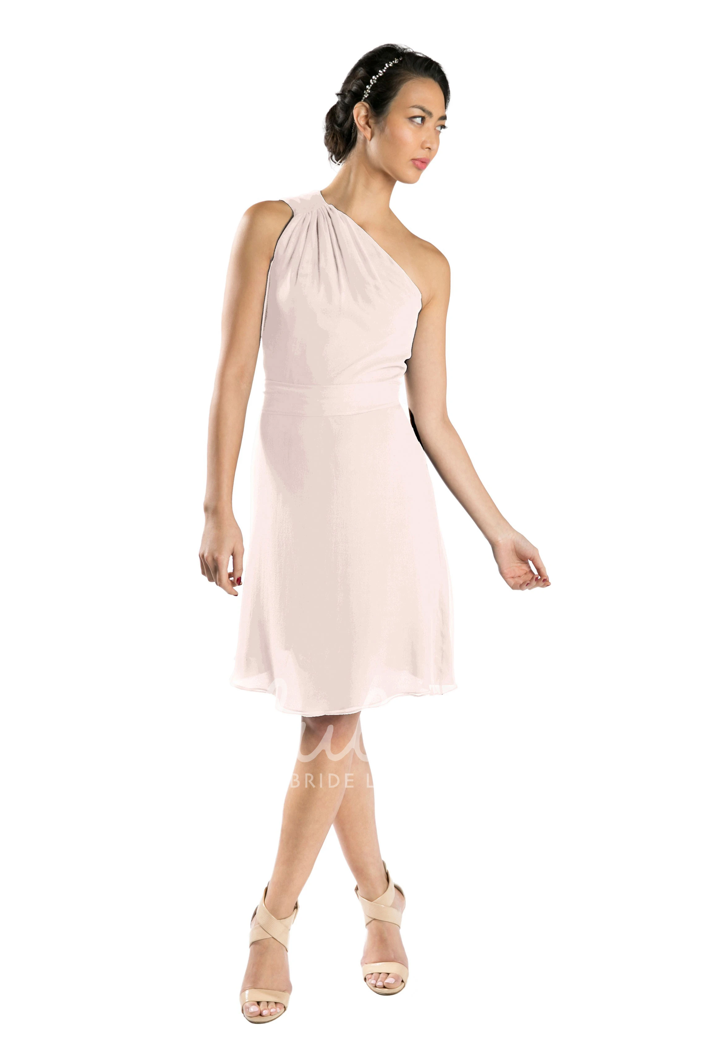 One-Shoulder Knee-Length Chiffon Bridesmaid Dress in Multi-Color Bow Detail