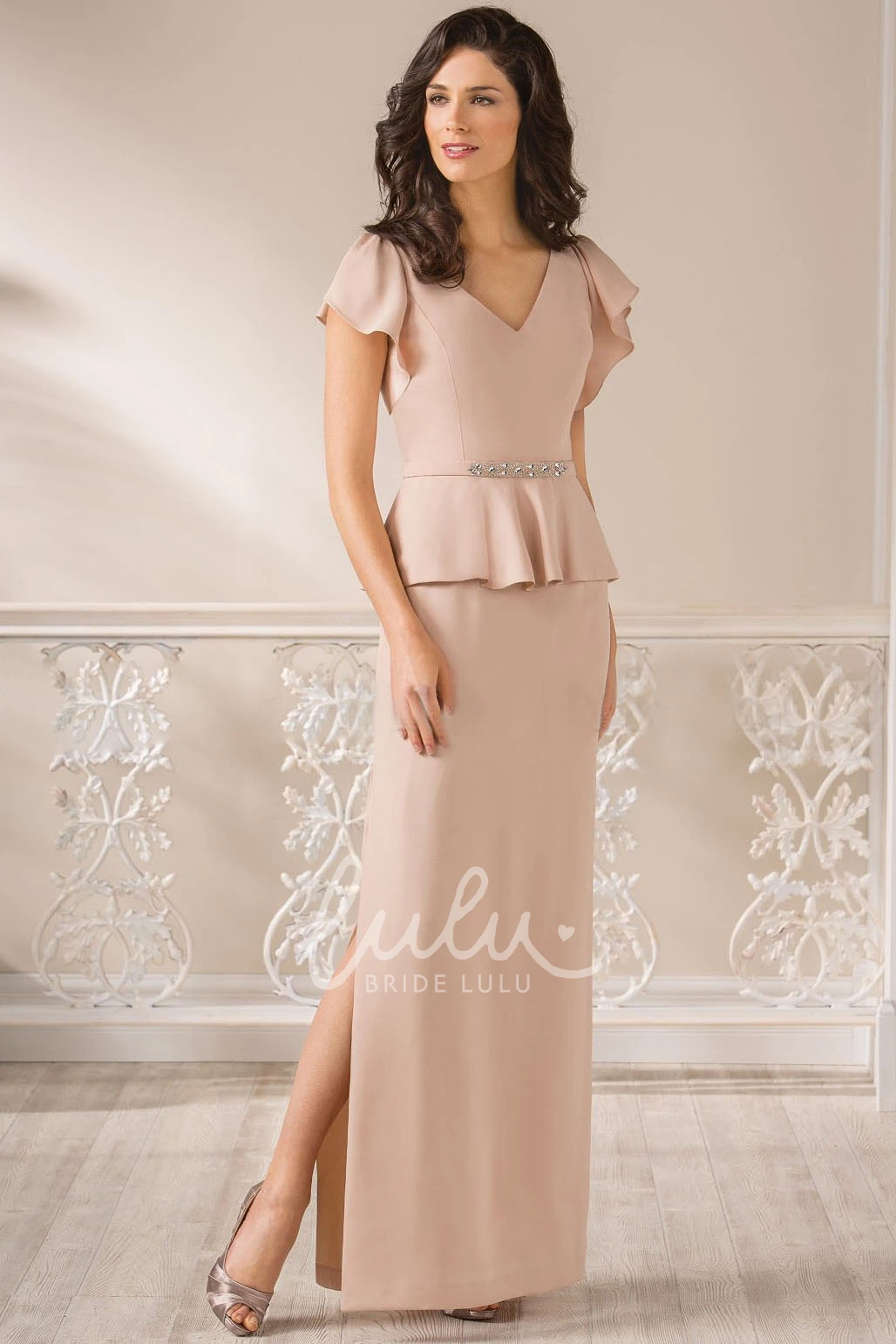 Ruffled V-Neck Mother of the Bride Dress with Cap-Sleeves and Side Slit