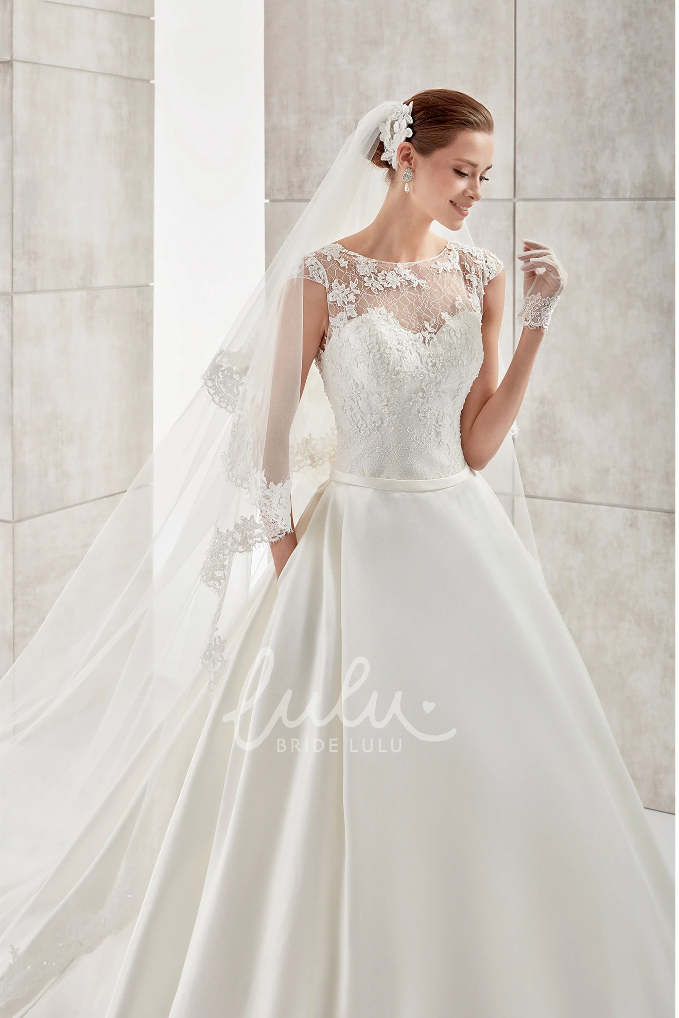 Illusive Design A-line Satin Wedding Dress with Jewel-Neck and Cap-Sleeves Unique Wedding Dress