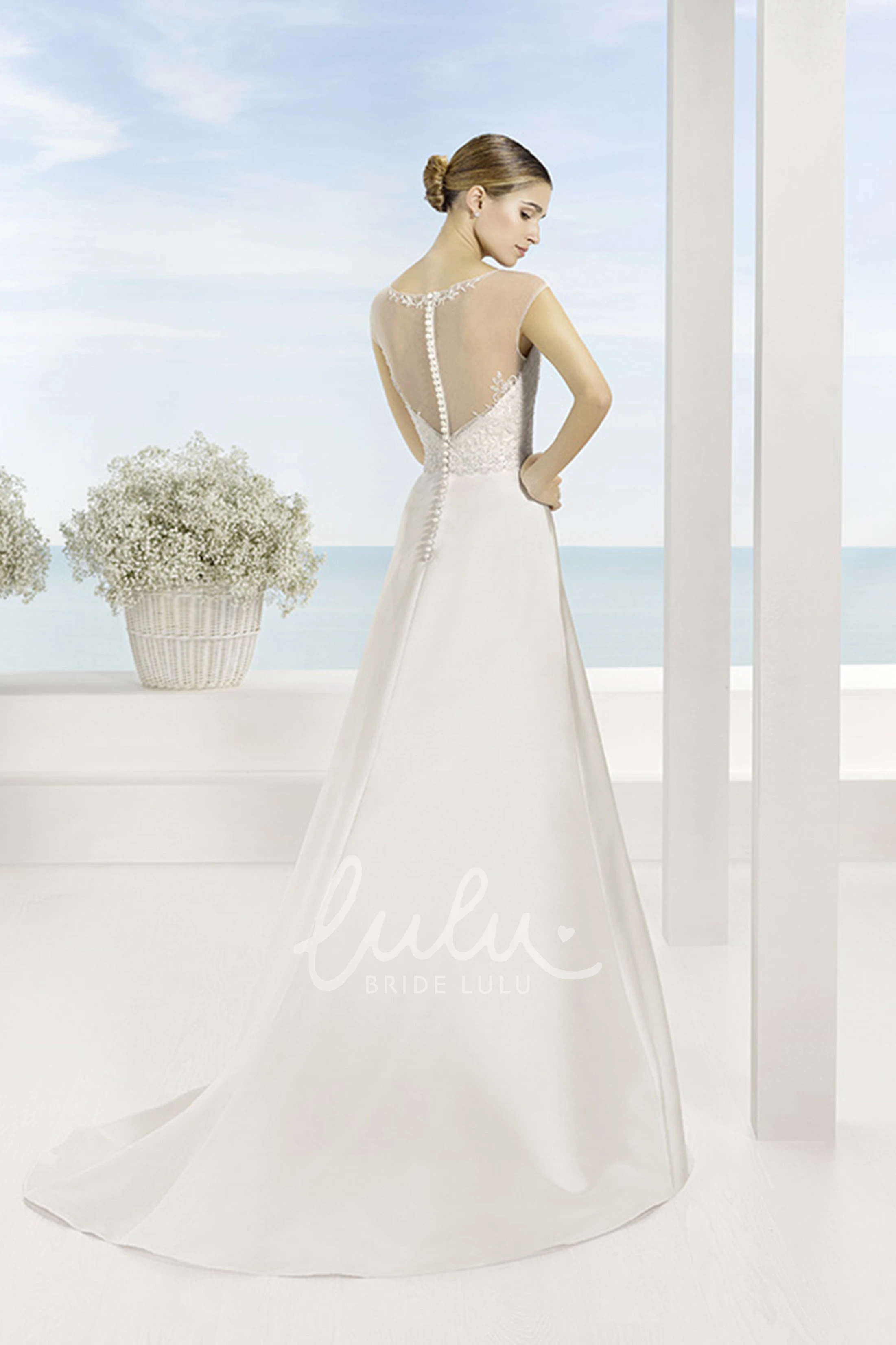 A-Line Satin Wedding Dress with Embroidery and Short Sleeves