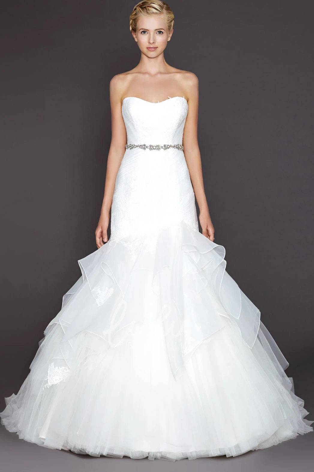 Jeweled Tulle Wedding Dress with Ruffles and Lace A-Line Strapless