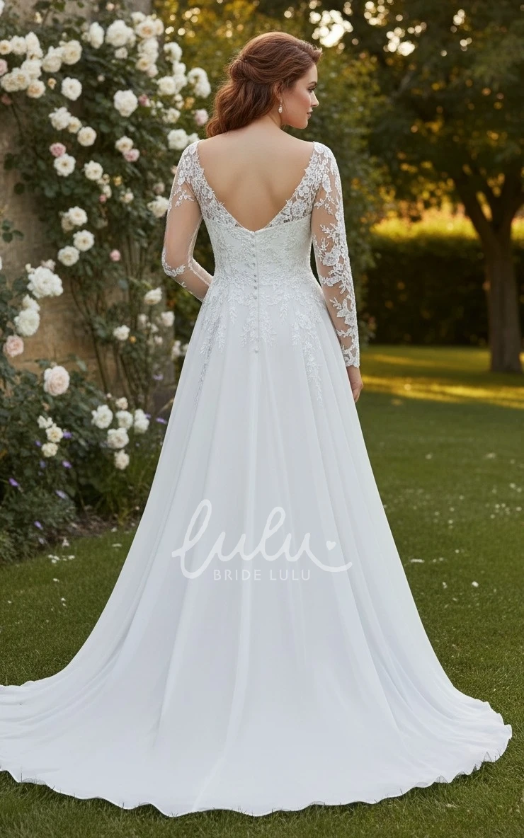 Plus Size A-Line Lace Wedding Dress Illusion Long Sleeves V-Neck Bridal Gown