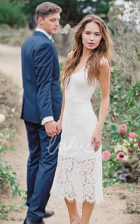 V-Neck Lace Satin Summer Wedding Dress Destination with High-Low Hem