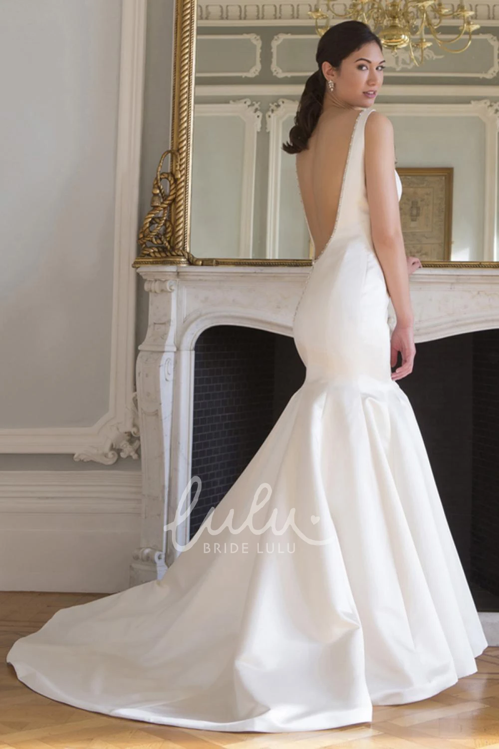 Beaded V-Neck Sleeveless Satin Wedding Dress Sheath Style