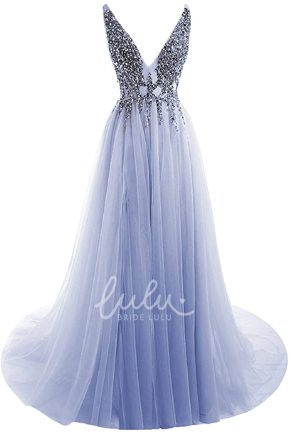 Sleeveless V-neck Tulle A-line Prom Dress with Beading Glamorous