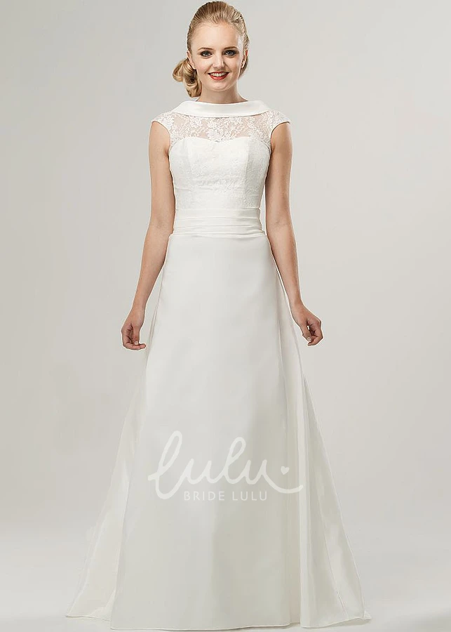 Cap-Sleeve Satin and Lace A-Line Wedding Dress with High Neck and Appliques