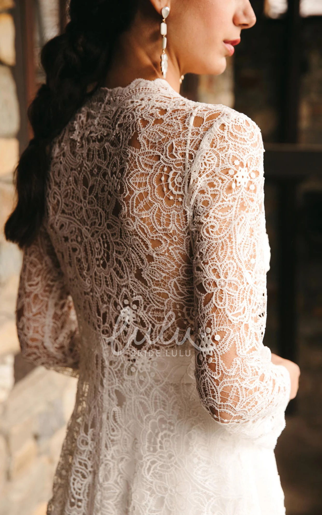 Lace Applique V-neck A-Line Bohemian Wedding Dress with Illusion Country Style