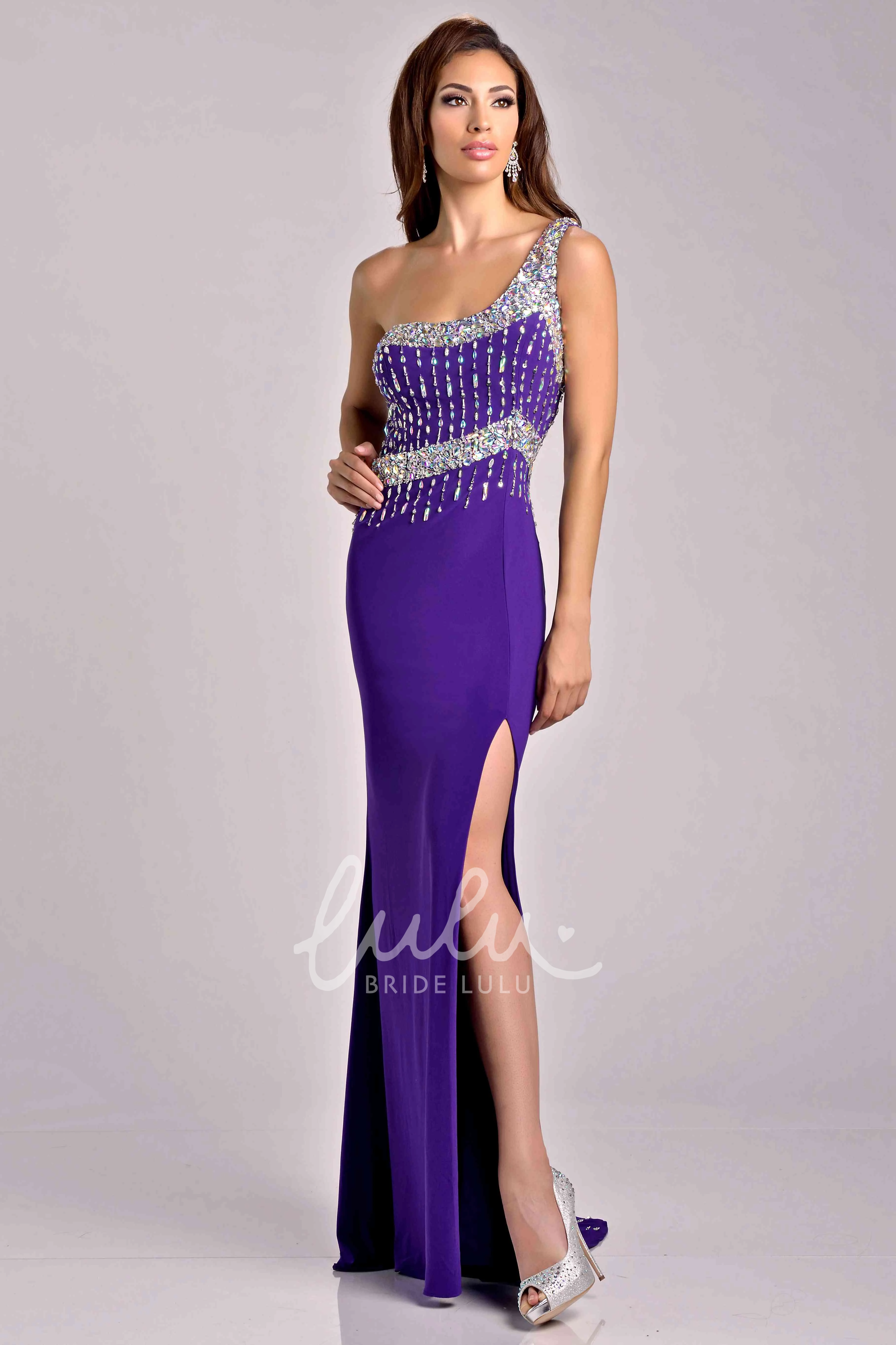 Beaded One-Shoulder Jersey Sheath Prom Dress with Side Slit