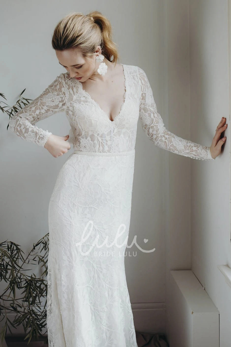 Sexy Sheath Lace Wedding Dress with Plunging V-neck Long Sleeves and Keyhole Back