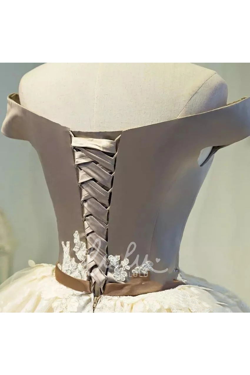 Off-the-shoulder Satin Lace Homecoming Dress Ball Gown Pleats Appliques Bow