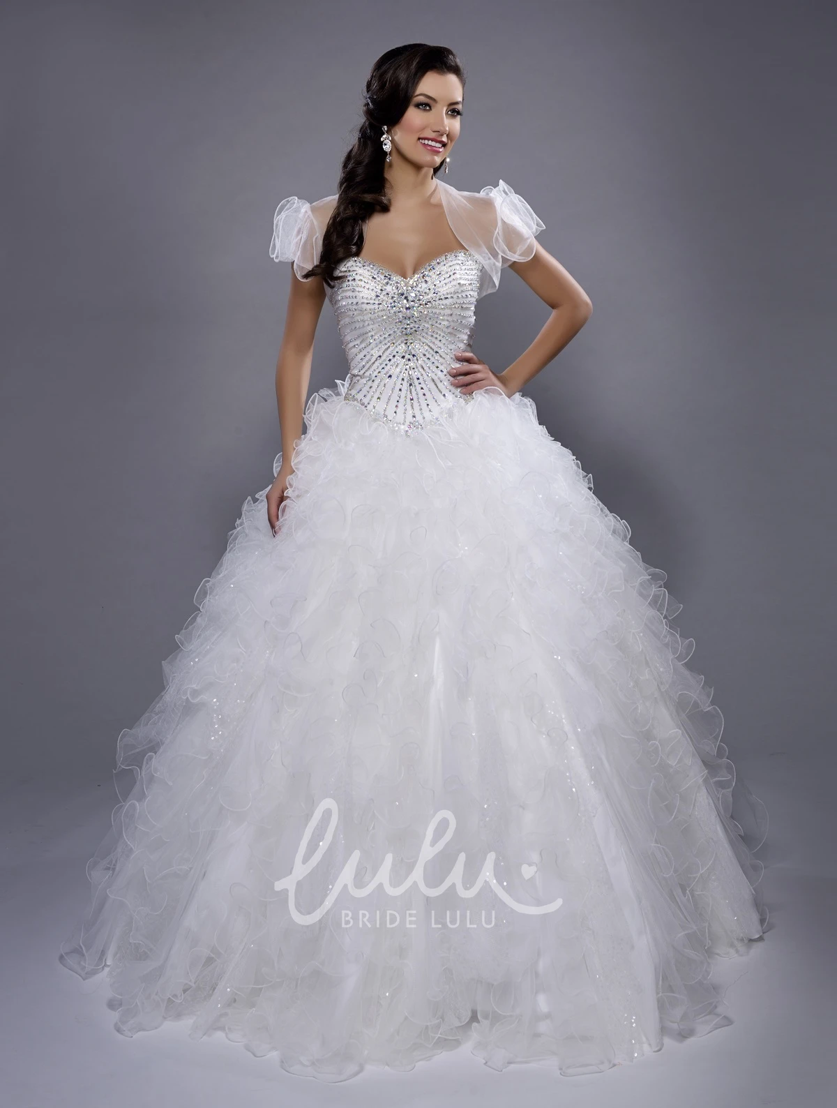 Organza Ball Gown with Illusion Cape and Cascading Ruffles Formal Dress