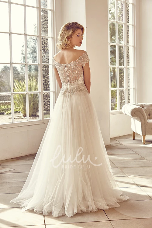 Off-Shoulder Short-Sleeve Tulle Wedding Dress Flowy Bridal Gown