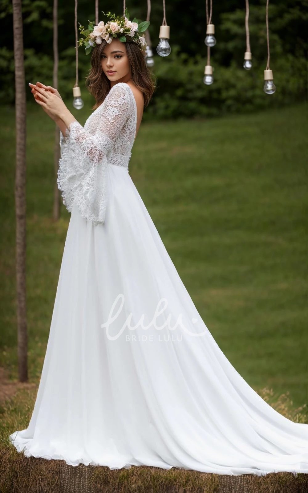 Sexy Boho A-Line V-Neck Lace Chiffon Winter Wedding Dress Backless with Bell Sleeves Bridal Gown