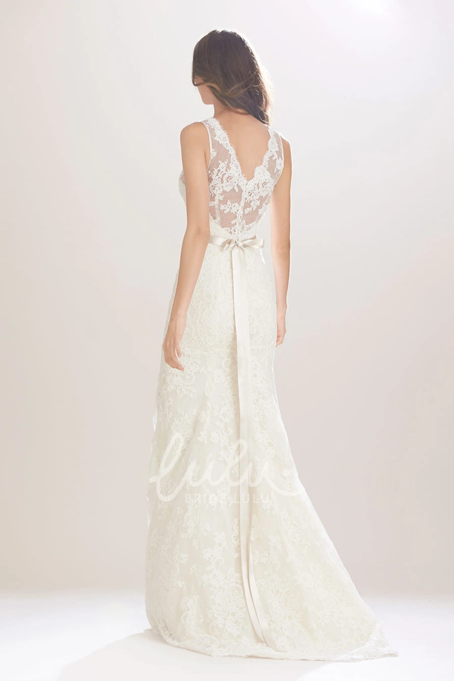 V-Neck Lace Wedding Dress with Bow and Waist Jewellery Sleeveless Sheath Gown