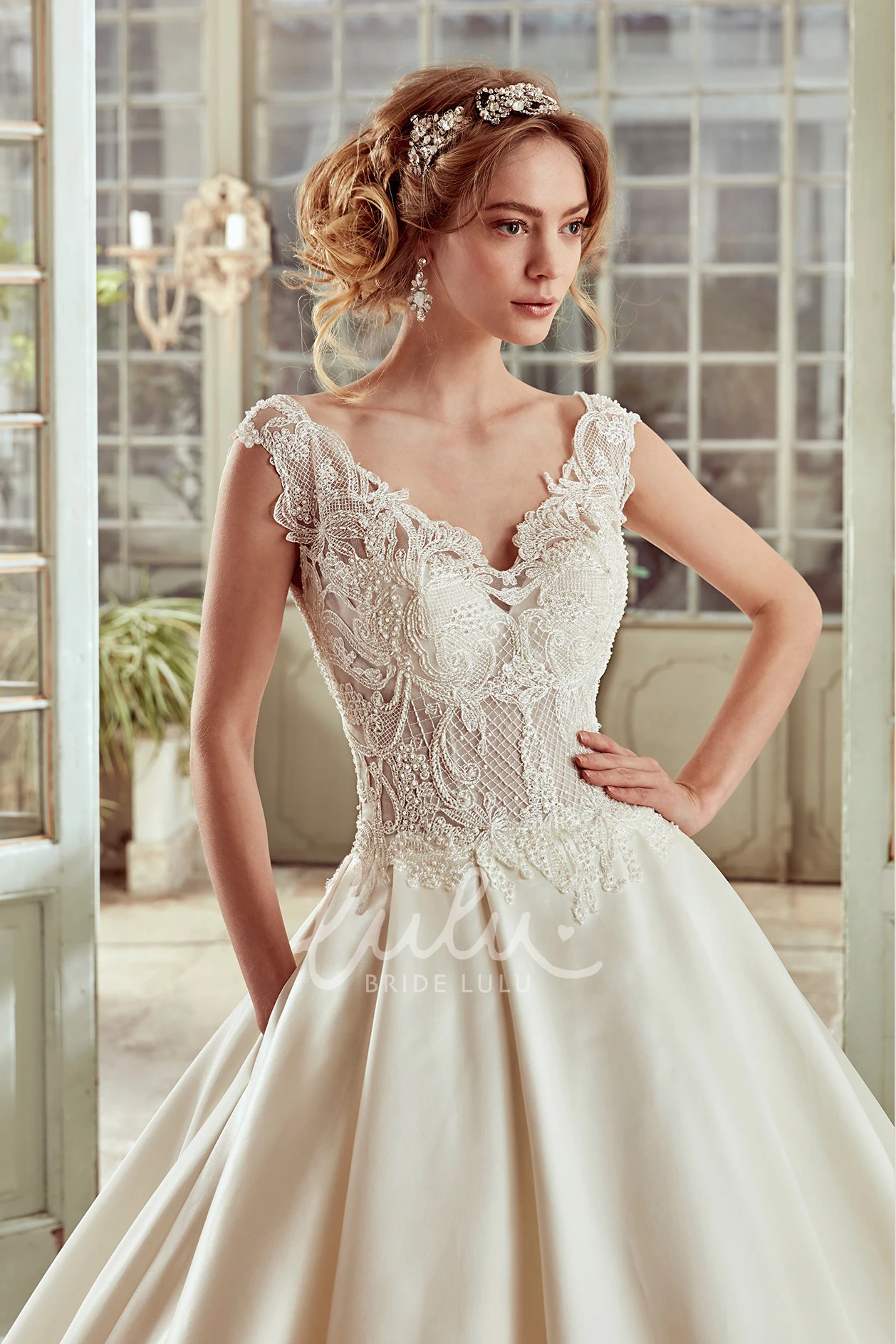 A-Line Lace Bodice Wedding Dress with Satin Skirt Classic Bridal Gown