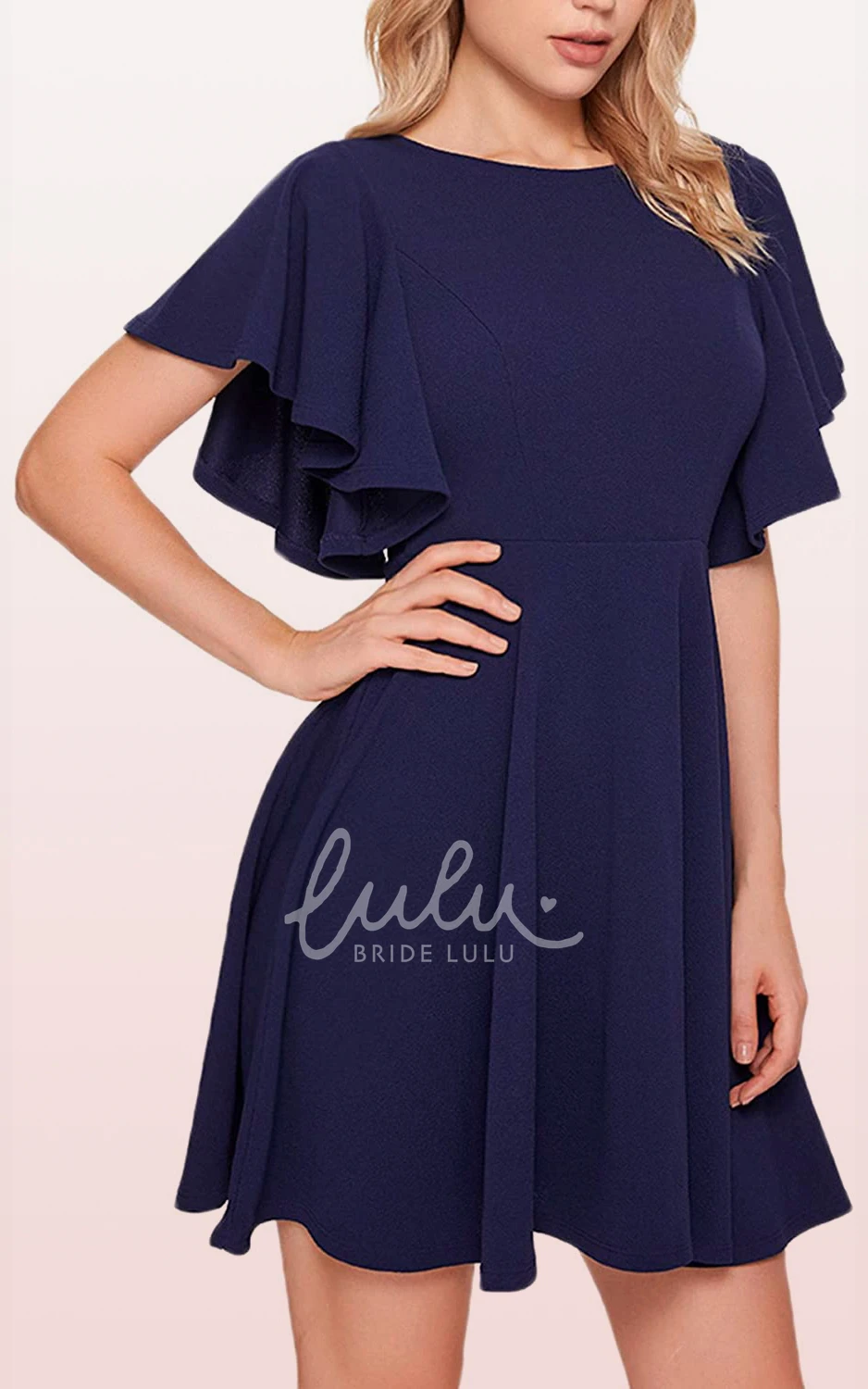 Jersey A-Line Dress Short Sleeve Modest Elegant Pleated Zipper