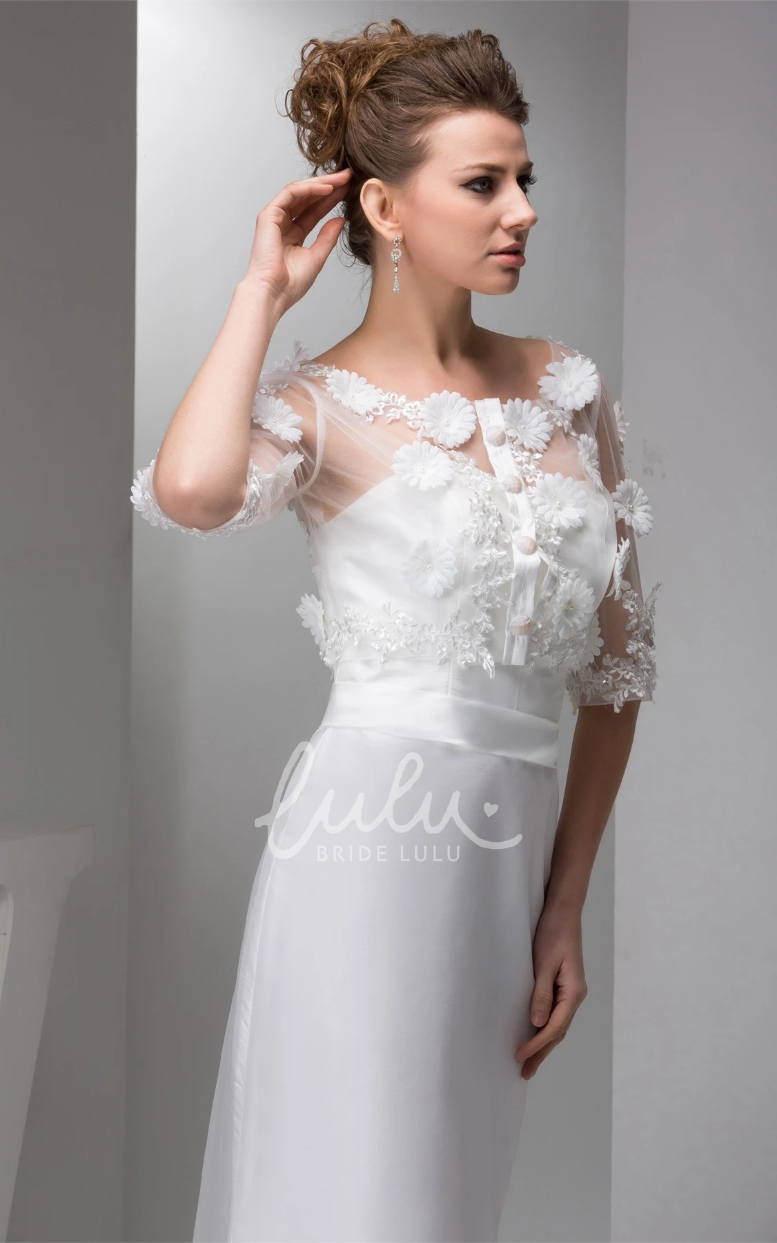 Floral Half-Sleeve Satin Mermaid Dress with Illusion Top