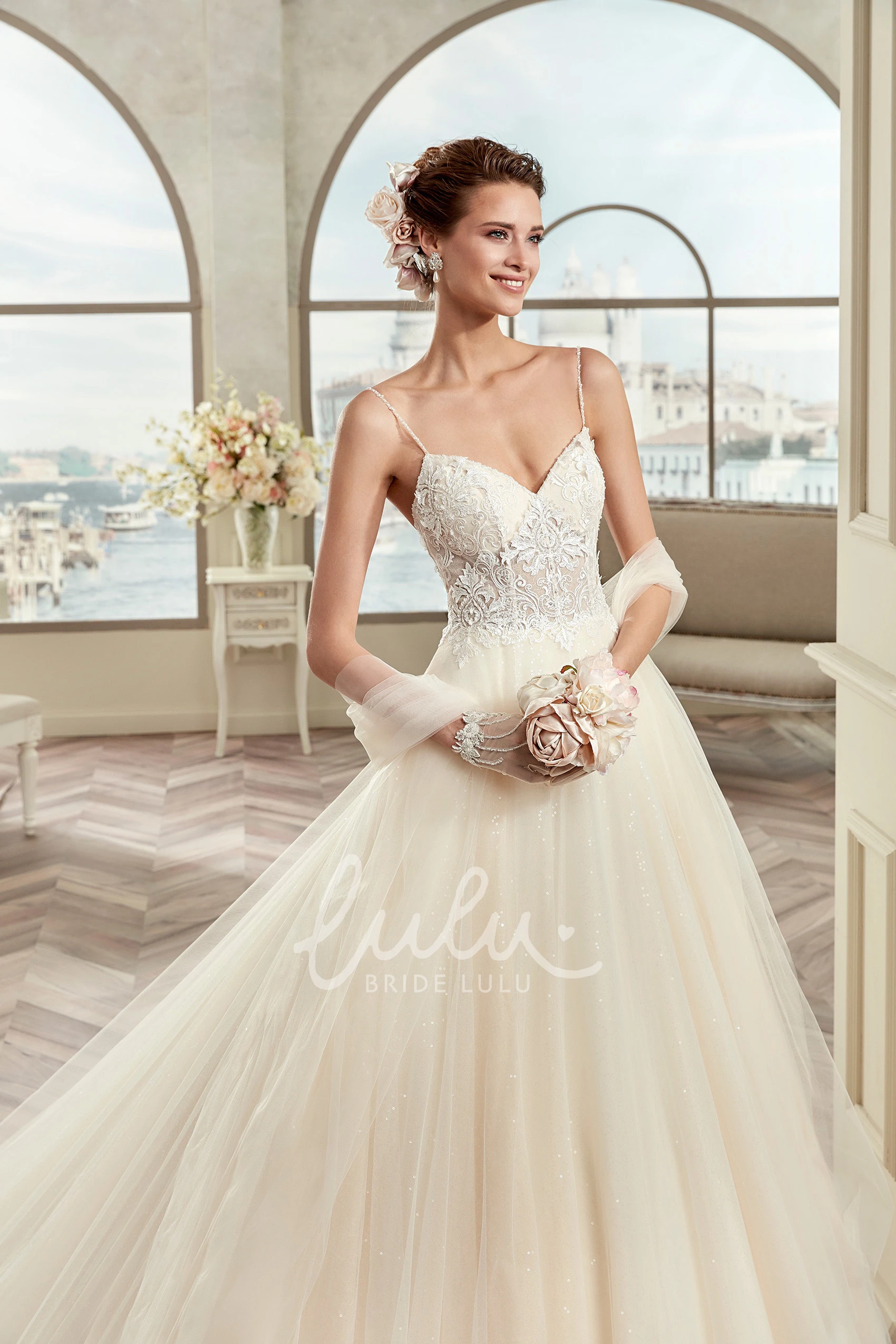 A-line Lace Bodice Spaghetti Strap Wedding Dress