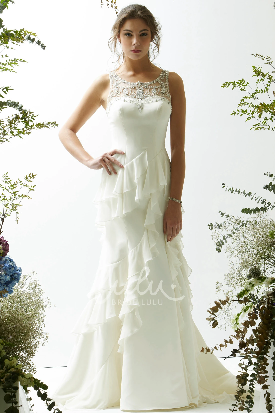 Cascading-Ruffle Satin&Chiffon Wedding Dress with Illusion Back Sheath Bridal Gown