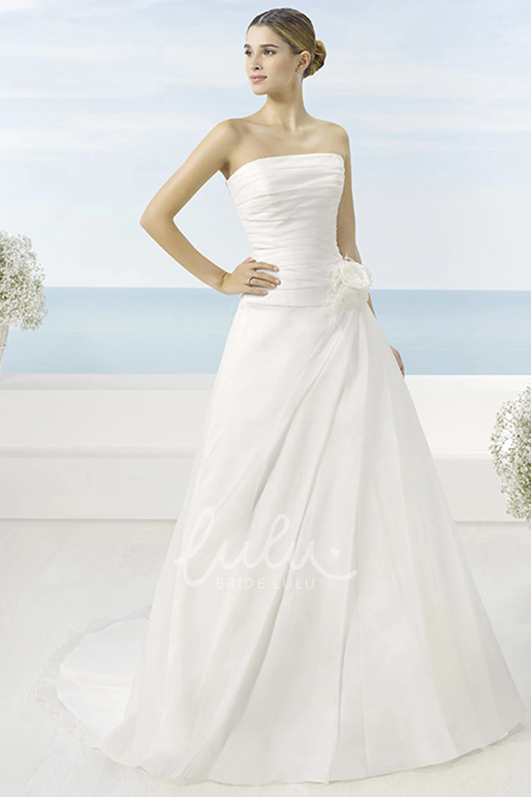 Satin A-Line Wedding Dress with Side Draping and Flower