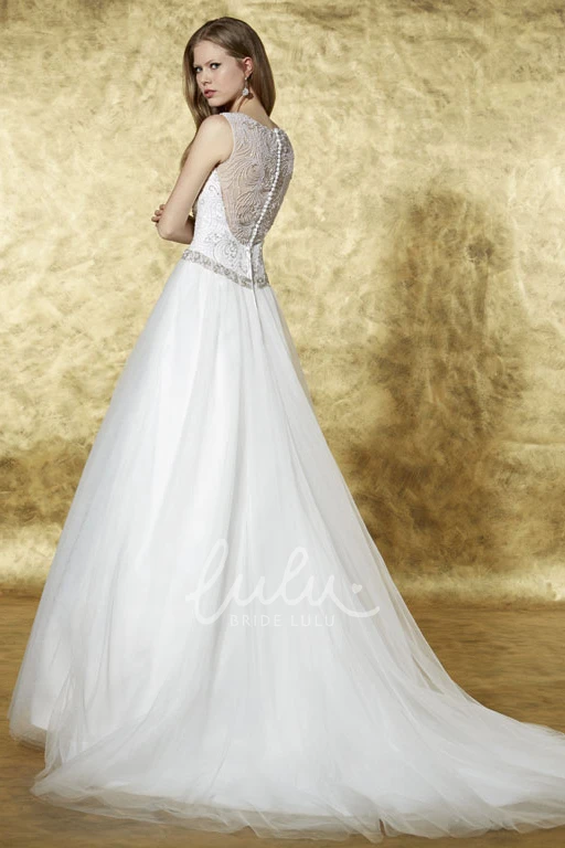 Jeweled Tulle Wedding Dress with Court Train and Illusion Long Scoop Wedding Dress
