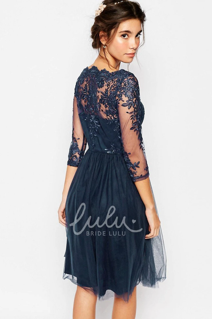 Knee-Length Tulle Bridesmaid Dress with 3-4-Sleeves and Bateau-Neck Illusion