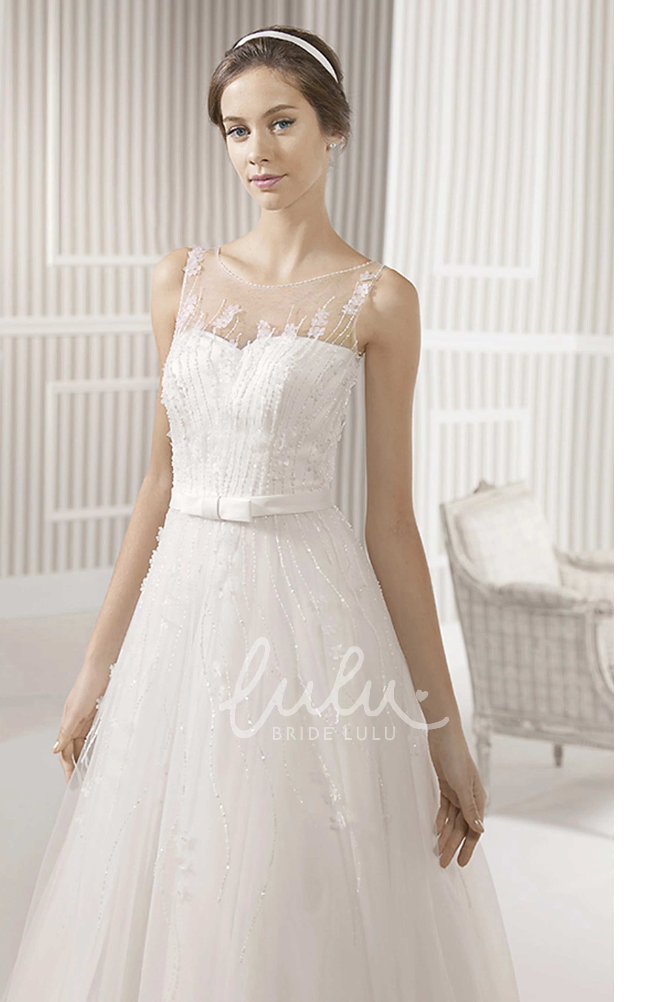 Appliqued Sleeveless A-Line Wedding Dress with Floor-Length Tulle & Satin