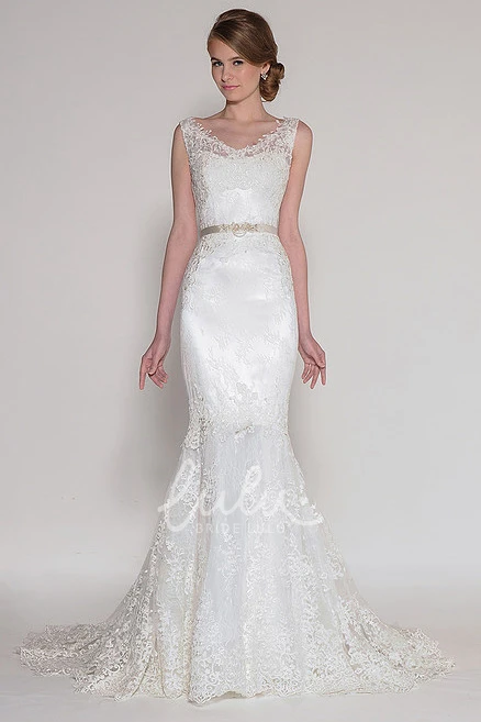 Jeweled Mermaid Lace Wedding Dress Sleeveless V-Neck Bridal Gown