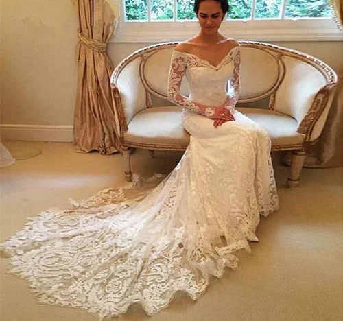 Mermaid Gorgeous Off-The-Shoulder Lace Boho Trumpet Wedding Dress Long Sleeves Glamorous Court Train Gown