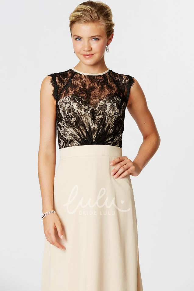 High Neck Chiffon Bridesmaid Dress with Lace Bodice and Illusion Back in Sleeveless Style