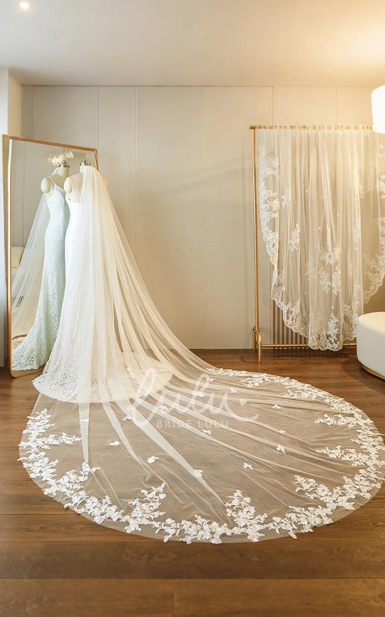 Boho Floral One-Tier Lace Edge Tulle Cathedral Length Wedding Veil