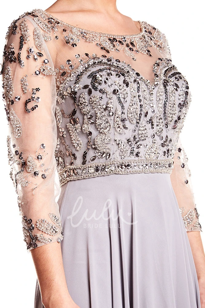 Scoop Neck Beaded Chiffon Prom Dress with Illusion Back Long Sleeves Maxi Length