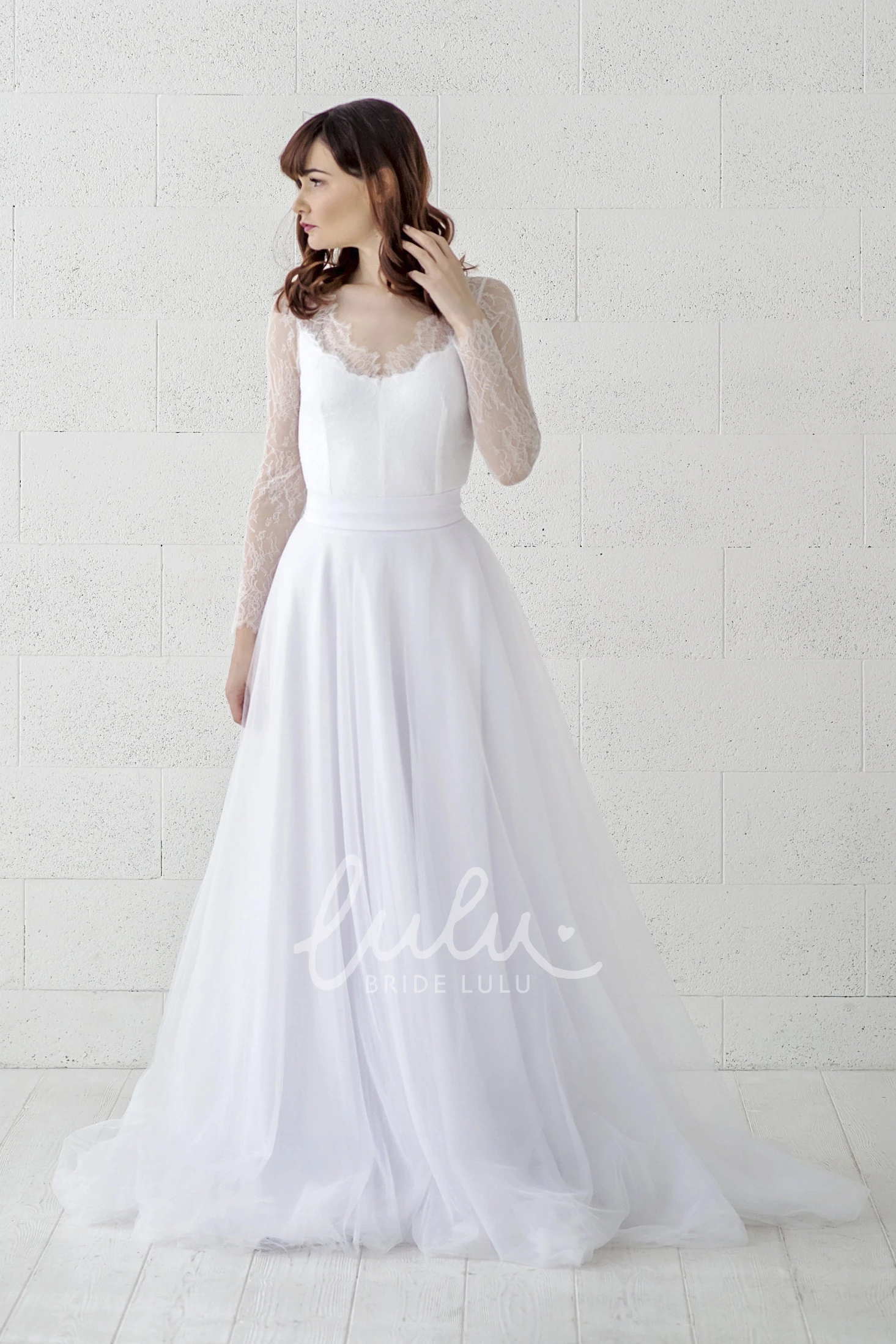 Illusion Lace Scalloped Tulle Wedding Dress with Button Back and Long Sleeves Modern Wedding Dress