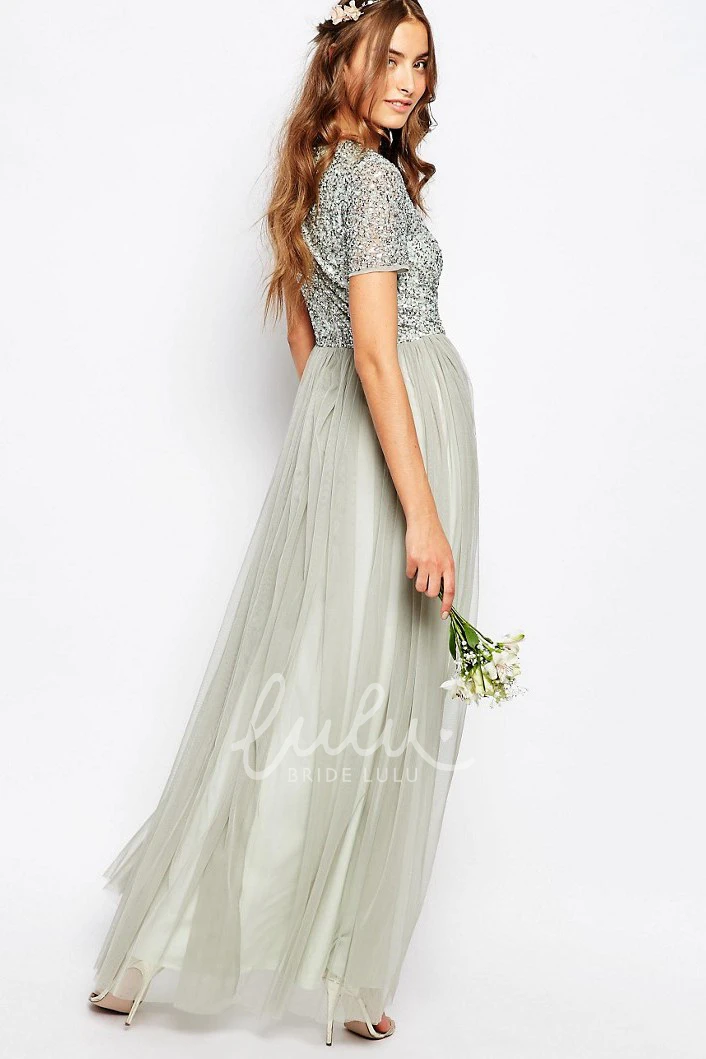 Chiffon A-Line V-Neck Floor-Length Beaded Short-Sleeve Pleated Bridesmaid Dress
