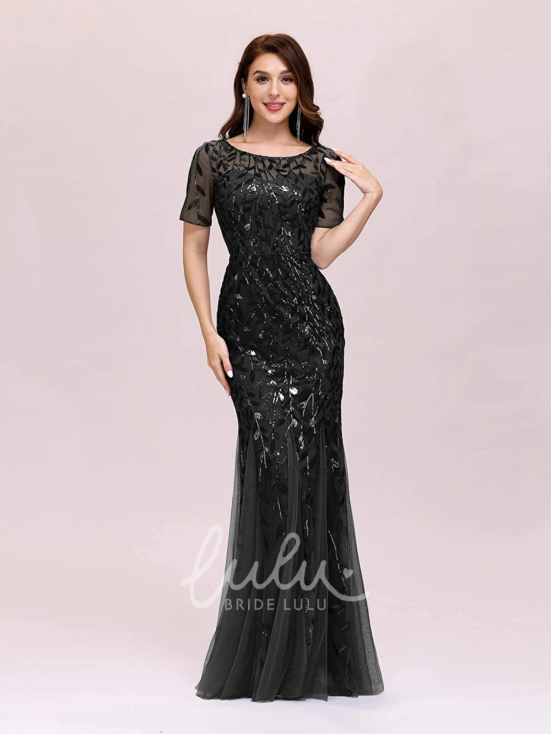 Sequin Trumpet Illusion Prom Dress with Short Sleeves and Pleats