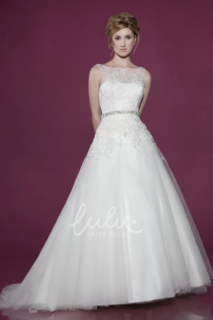 Beaded Tulle Wedding Dress with Court Train and High Neck Timeless Bridal Gown