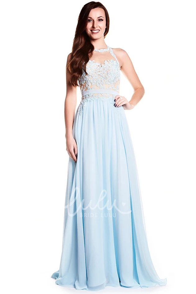 High Neck Sleeveless Appliqued Chiffon Prom Dress Flowy Prom Dress