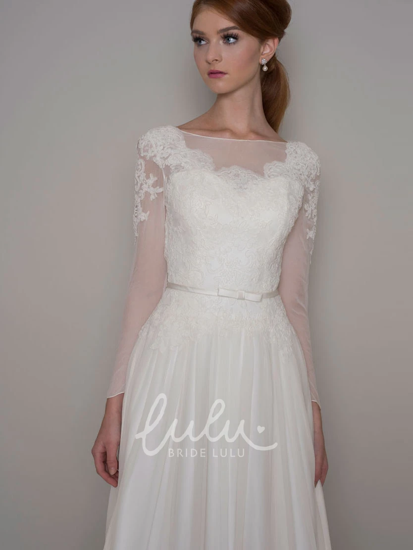 Sheath Chiffon Wedding Dress Long-Sleeve Bateau-Neck Illusion