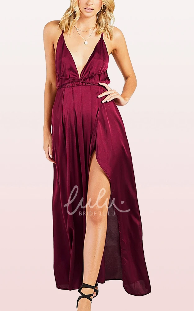 Romantic Satin V-neck A-line Guest Dress with Ruffles and Split Front Formal Dress