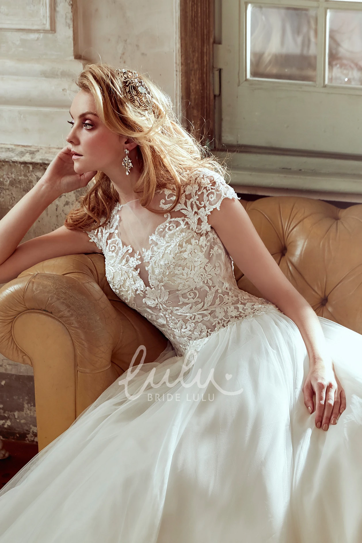 Cap-Sleeve V-Neck A-Line Wedding Dress with Lace Bodice and Illusive Back Classy Bridal Gown