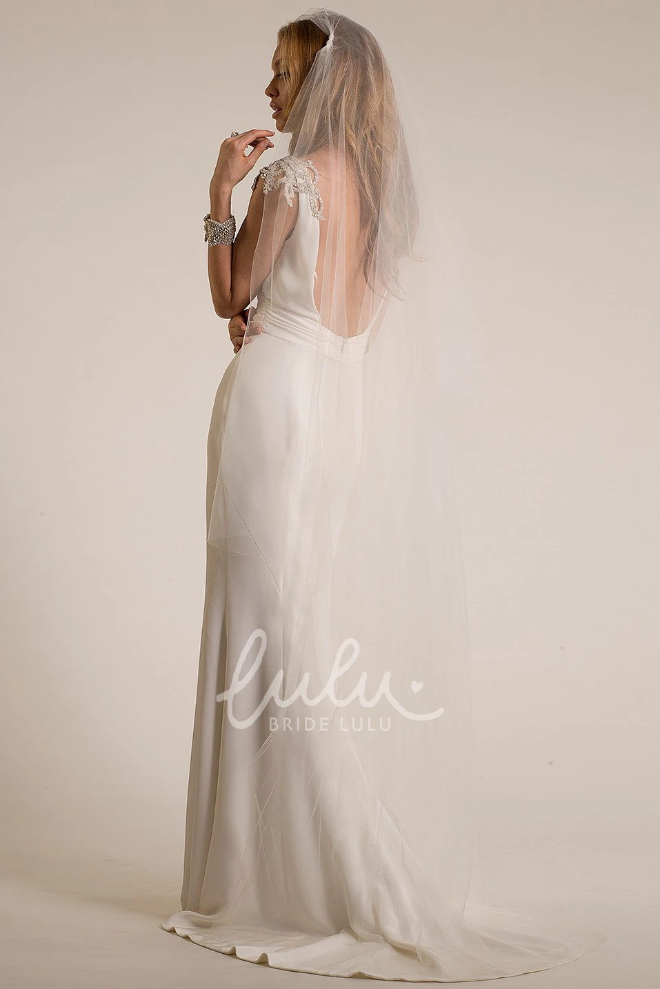 Cap-Sleeve V-Neck Sheath Wedding Dress with Epaulet Elegant Floor-Length Gown