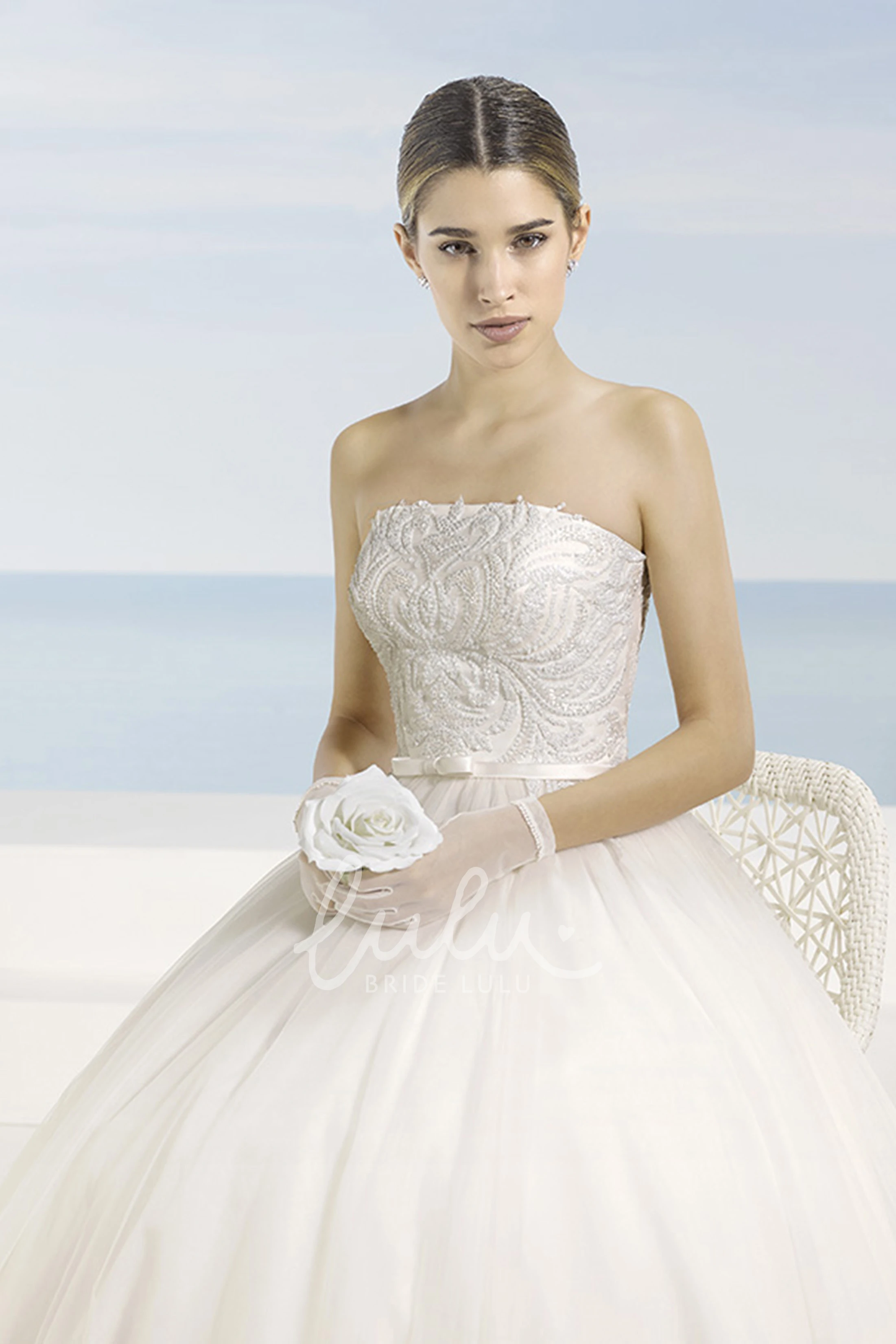 Maxi Strapless Tulle Wedding Dress with Chapel Train and Beaded Details A-Line Wedding Dress