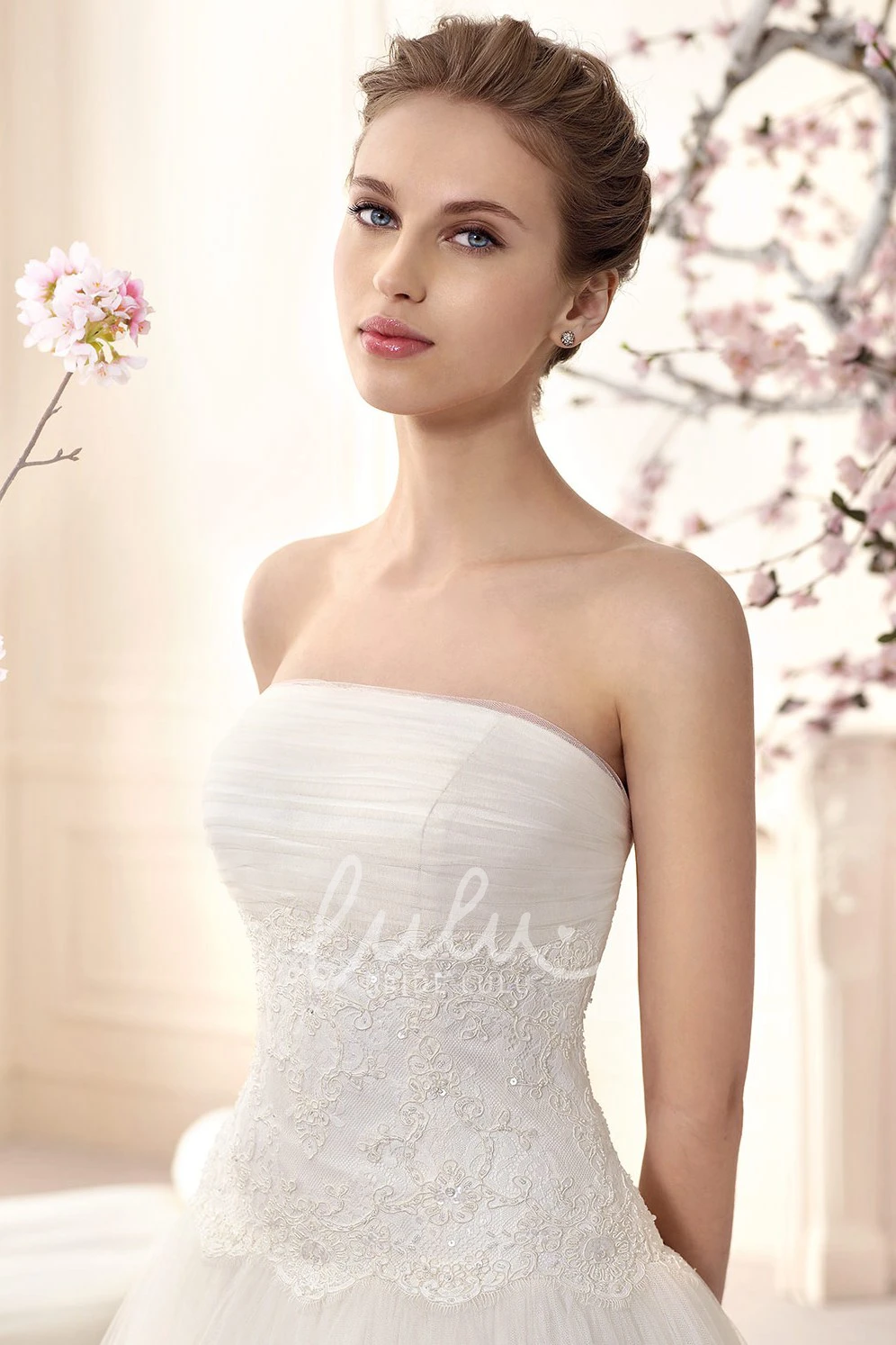 Strapless Tulle A-Line Wedding Dress With Appliques and Pleats