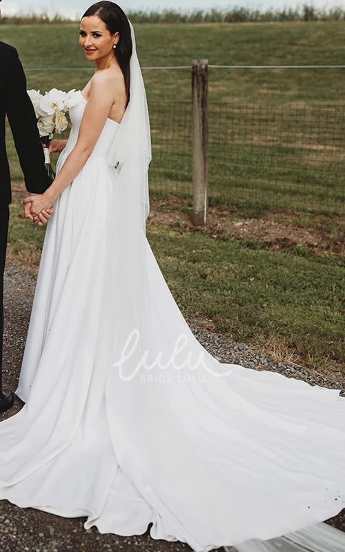 Classic Simple Satin A-Line Strapless Corset Dress for Wedding Fromal Gorgeous Sleeveless Court Train Bridal Gown with Ruffle and Slit