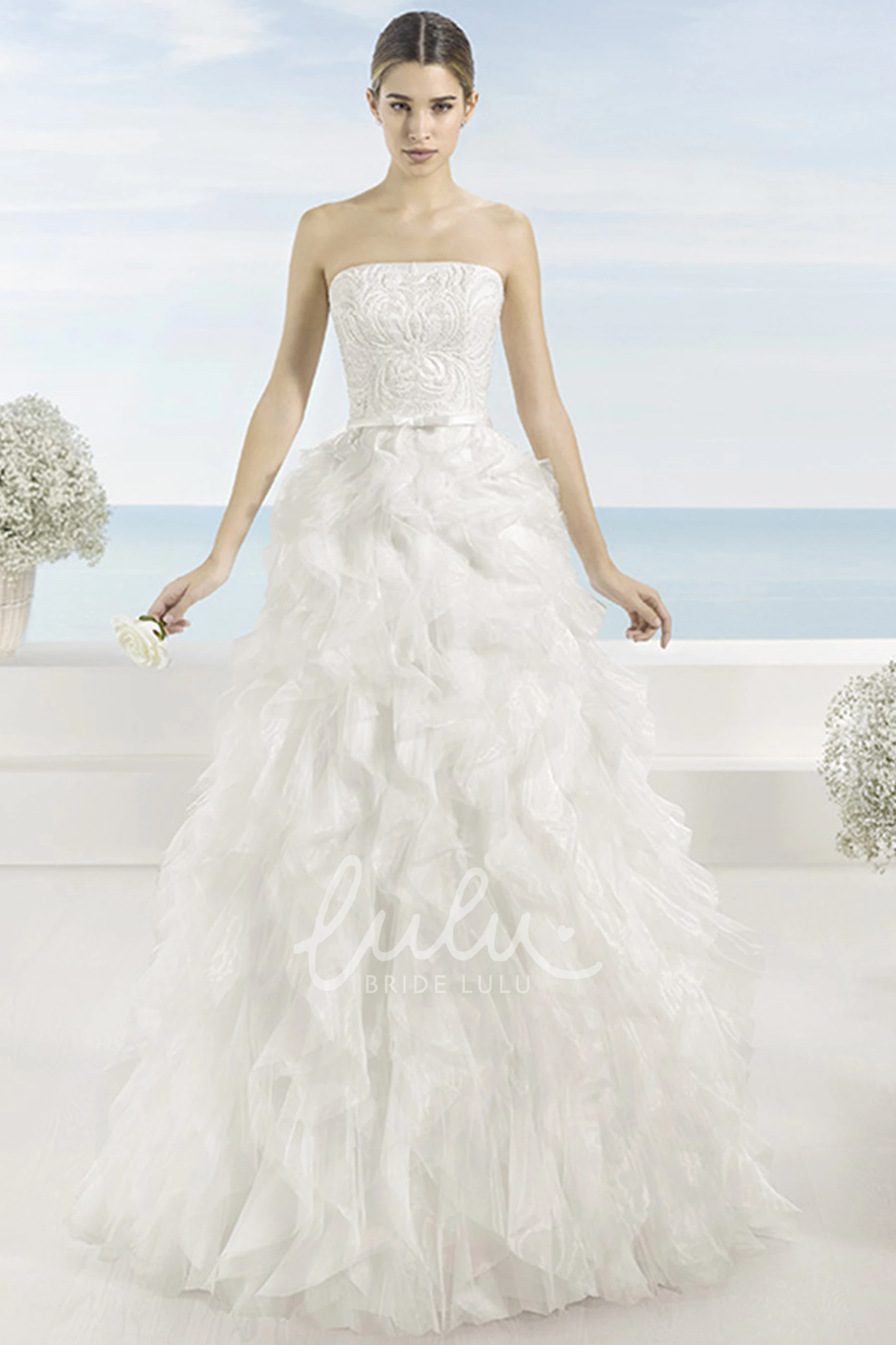 Cascading-Ruffle A-Line Strapless Tulle Wedding Dress with Chapel Train Beautiful Bridal Gown