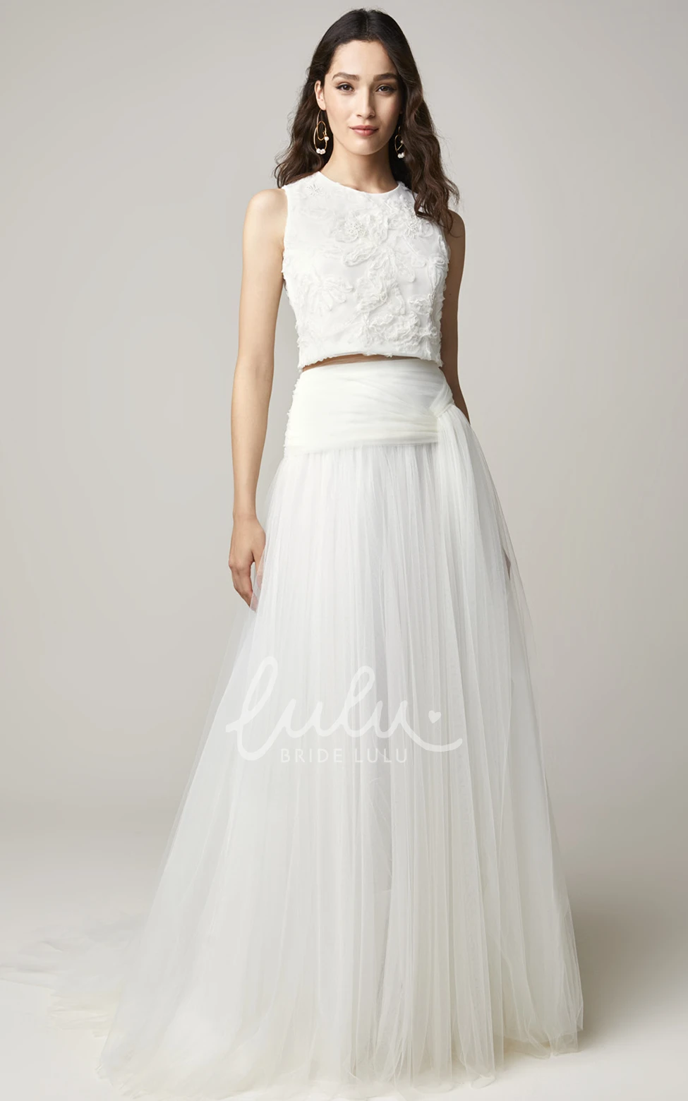 Two-Piece Bohemian Tulle Wedding Dress with Bateau Neck and Sash