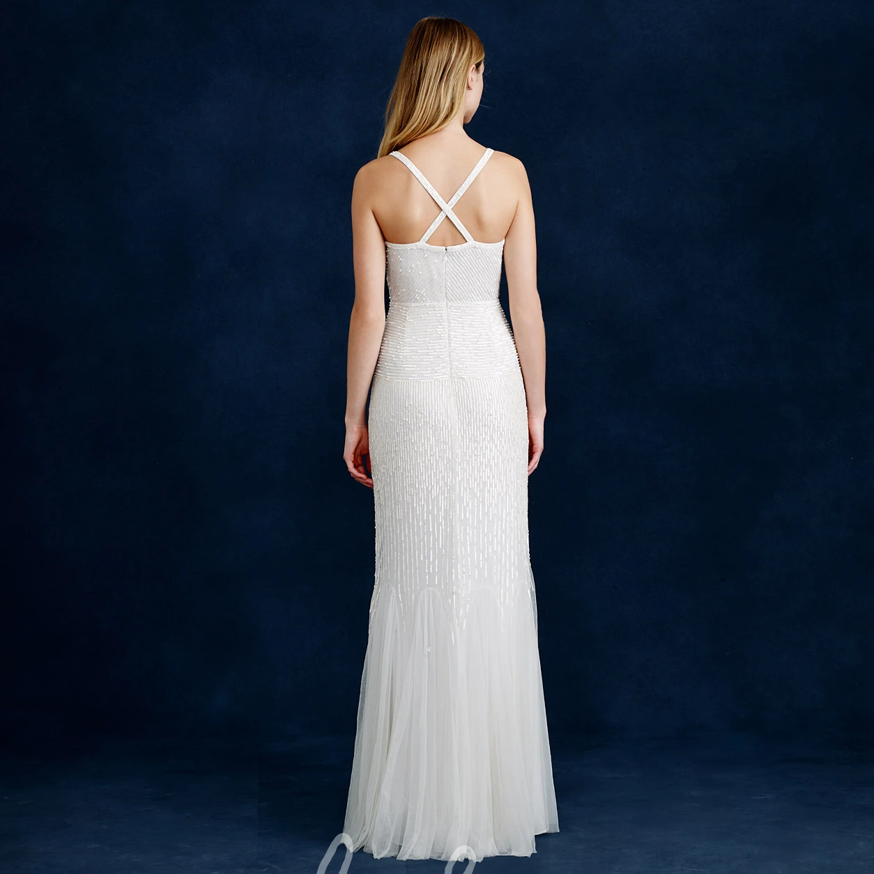 Tulle Beaded Sheath Wedding Dress with V-Neck Sleeveless Design and Tiers
