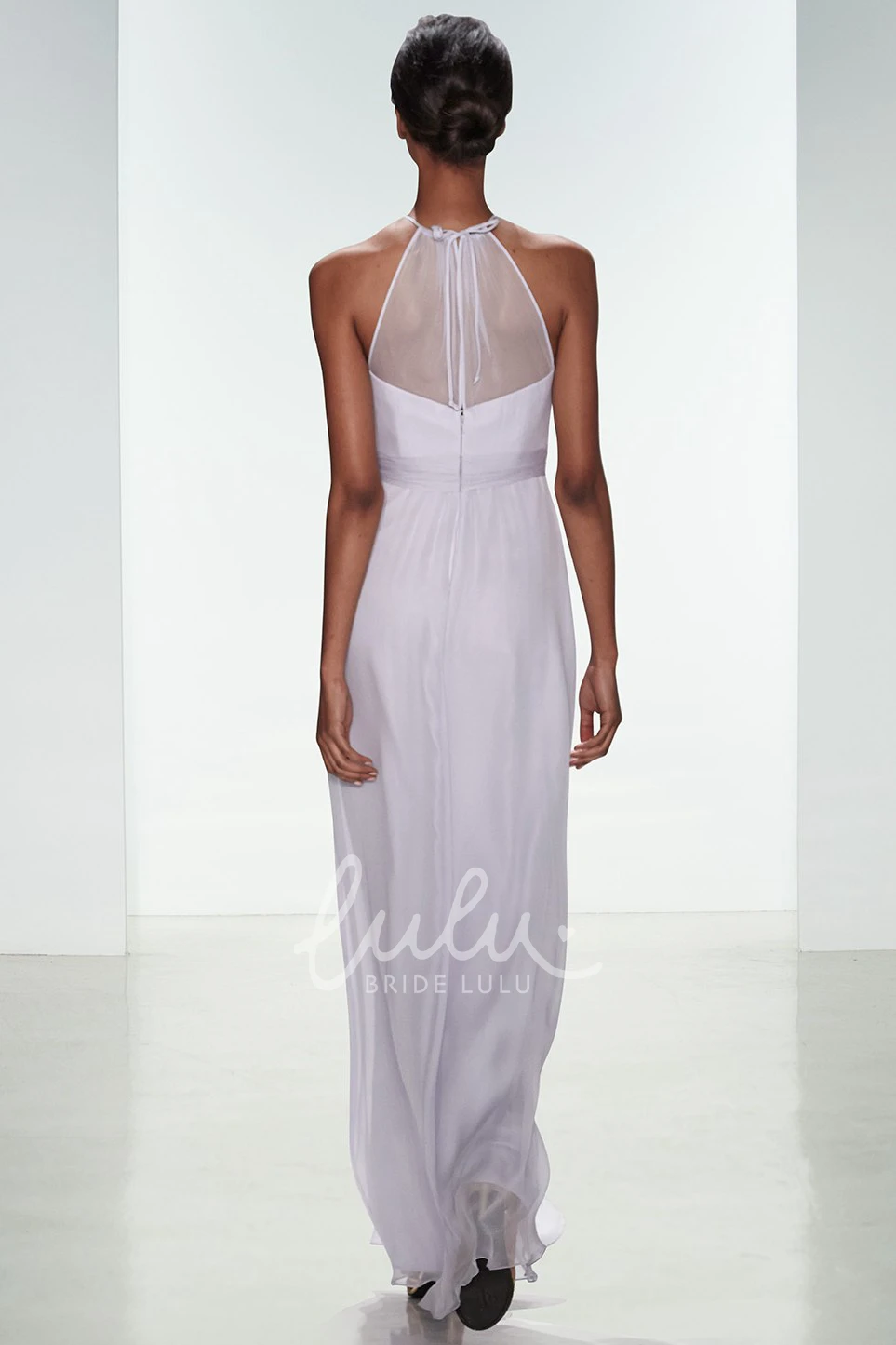 Satin Chiffon Bridesmaid Dress with High Neck and Ribbon Sheath Ankle-Length